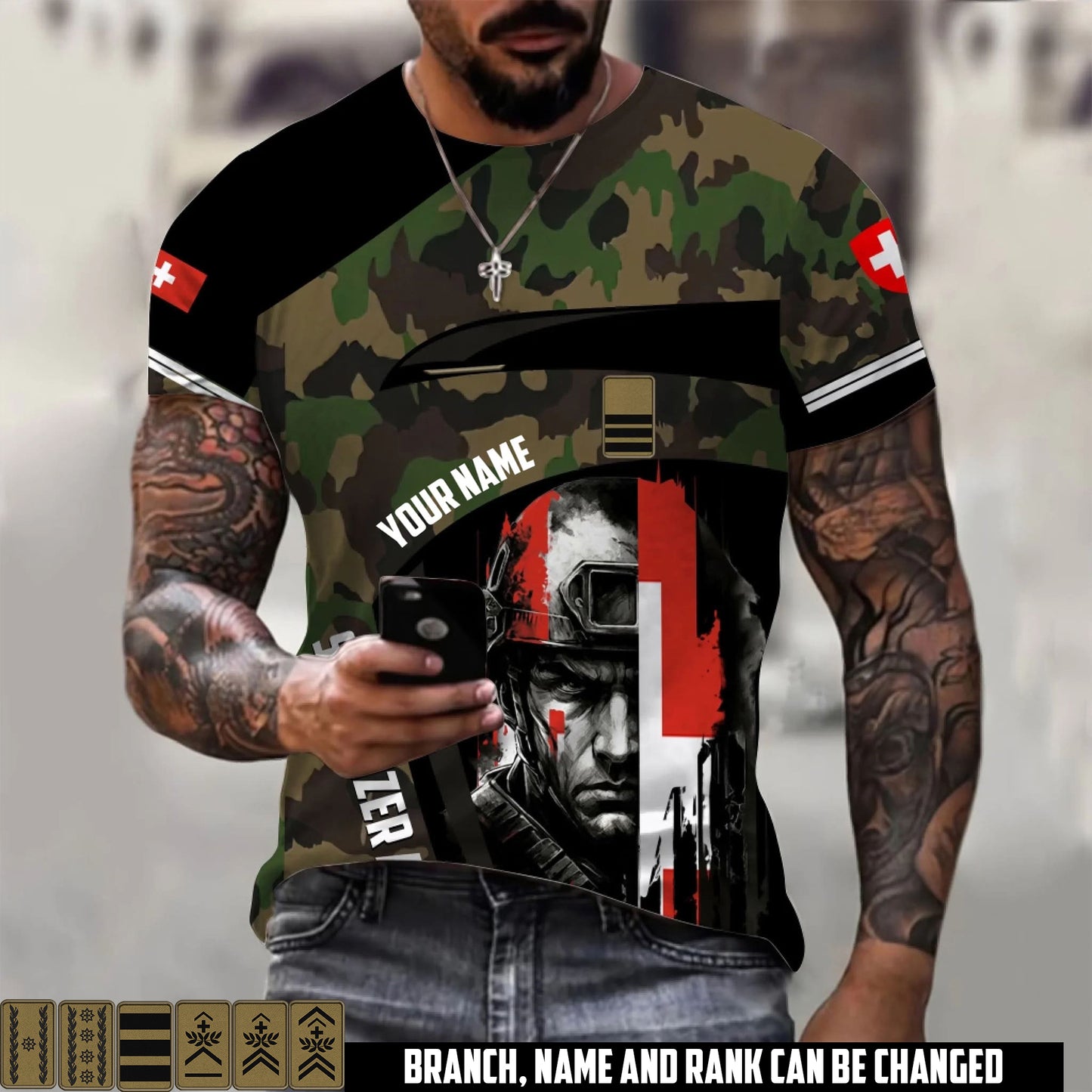 Personalized Swiss Soldier/Veteran Camo with Name & Rank T-Shirt All Over Printed -17670528