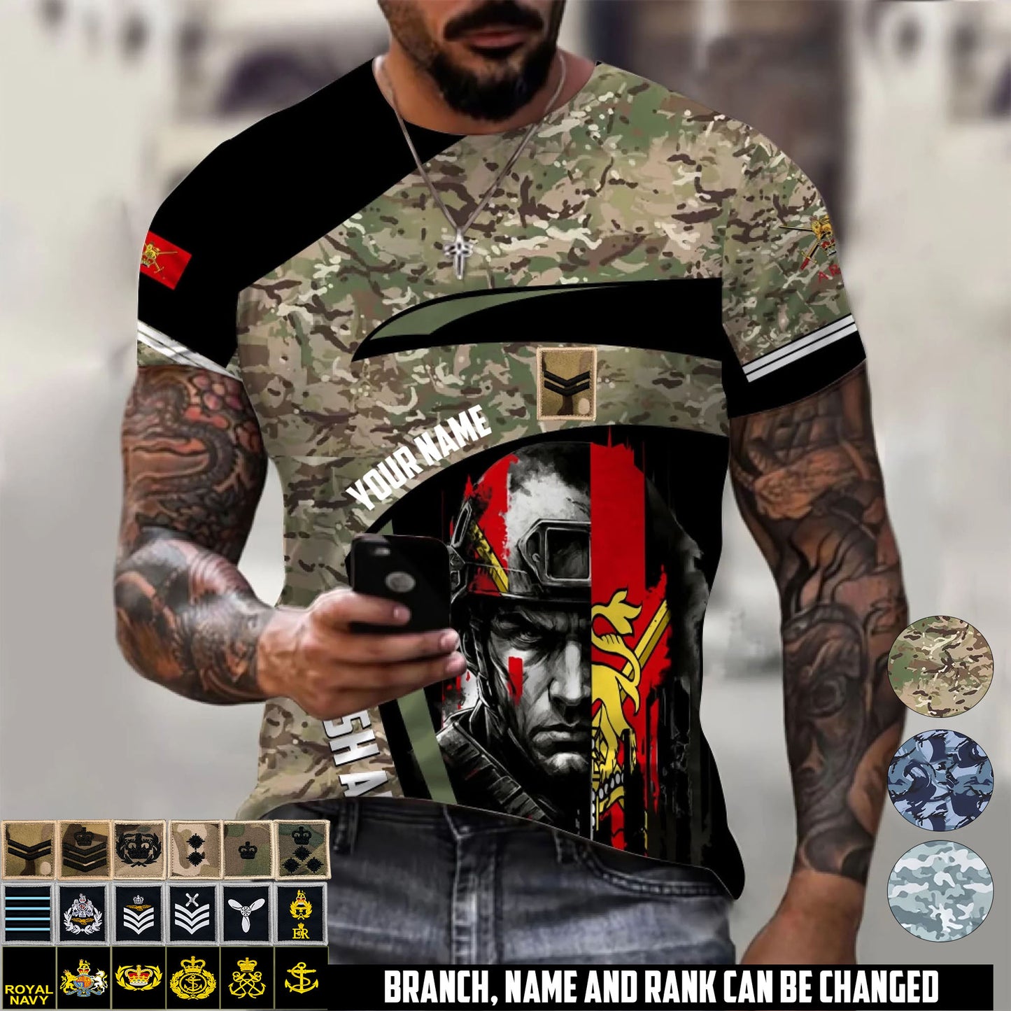 Personalized UK Soldier/Veteran Camo with Name & Rank T-Shirt All Over Printed - 17670528