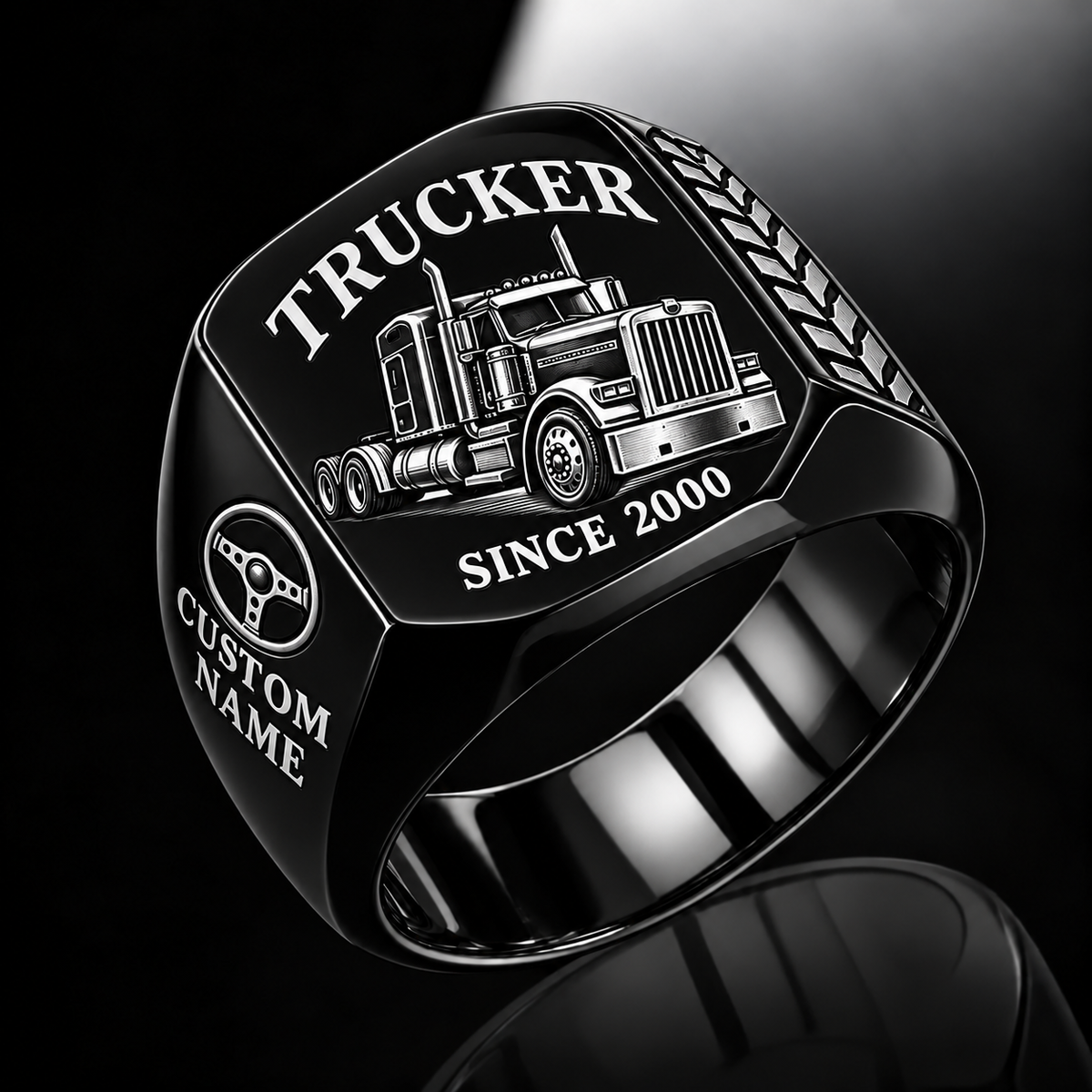 Trucker Classic Emblem ring in Black, showing CUSTOM NAME and SINCE 2000