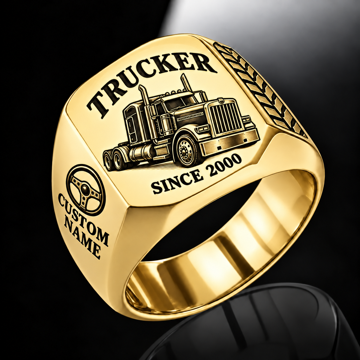 Trucker Classic Emblem ring in Gold, showing CUSTOM NAME and SINCE 2000