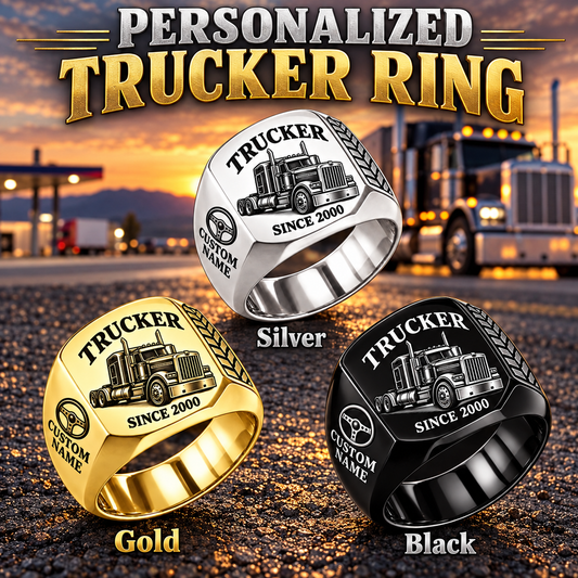 Trucker Classic Emblem personalized ring in Silver, Gold and Black with CUSTOM NAME and SINCE 2000 on a trucker-themed background