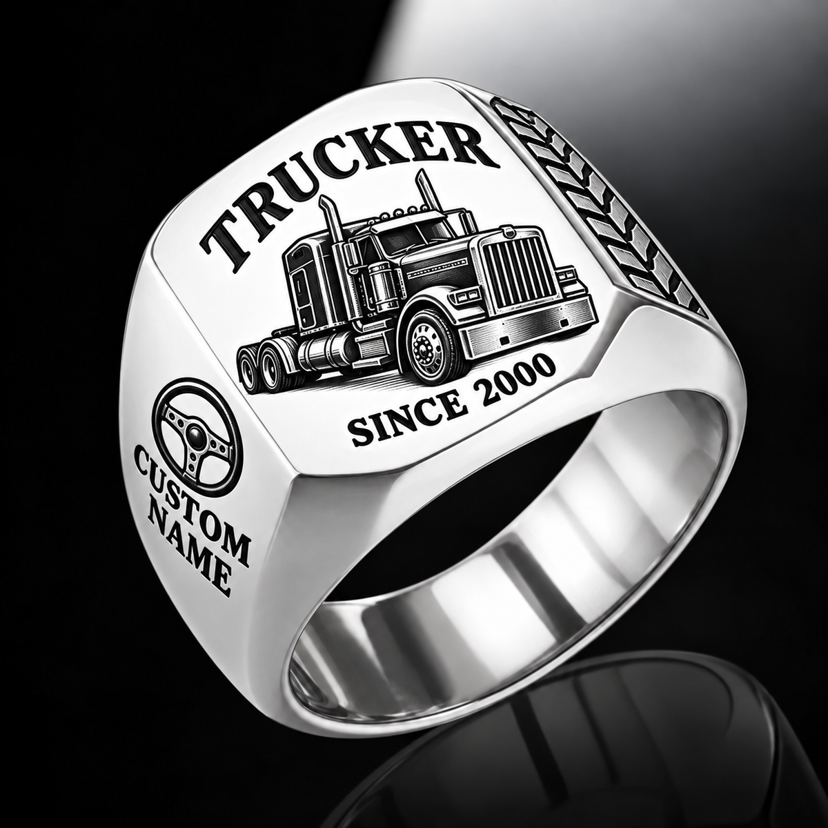 Trucker Classic Emblem ring in Silver, showing CUSTOM NAME and SINCE 2000