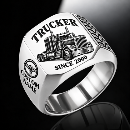 Trucker Classic Emblem ring in Silver, showing CUSTOM NAME and SINCE 2000