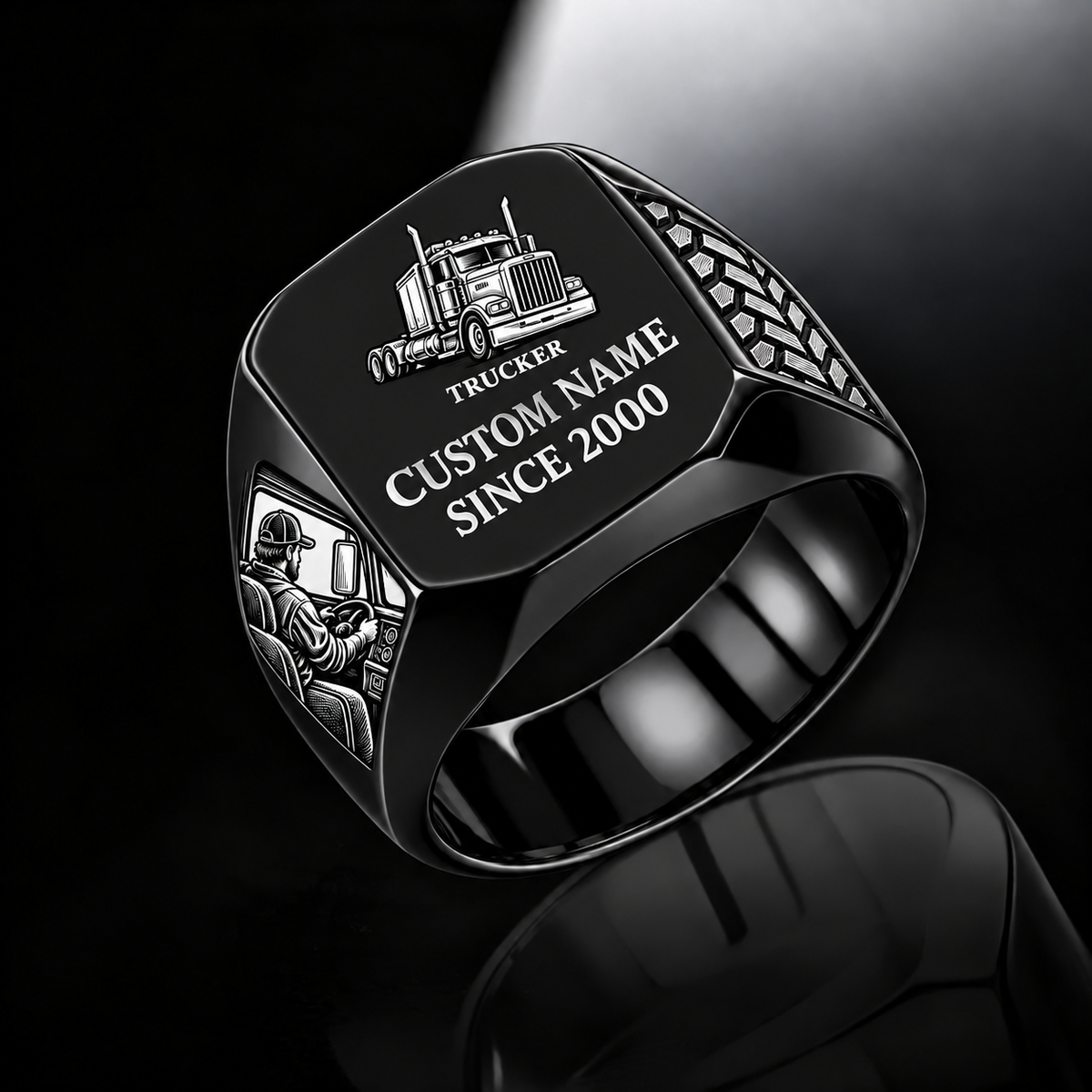 Trucker Signature Crest ring in Black, showing CUSTOM NAME and SINCE 2000