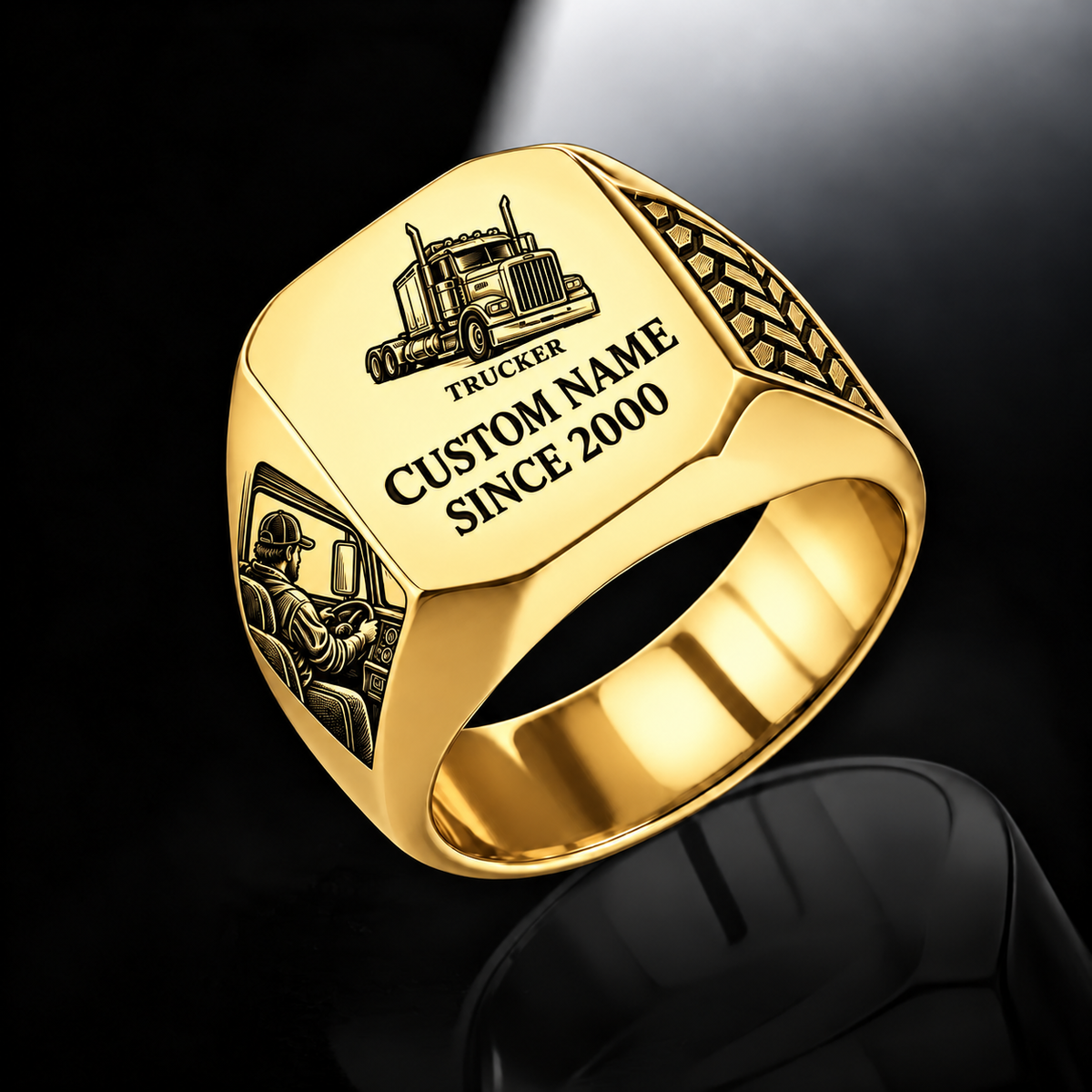 Trucker Signature Crest ring in Gold, showing CUSTOM NAME and SINCE 2000