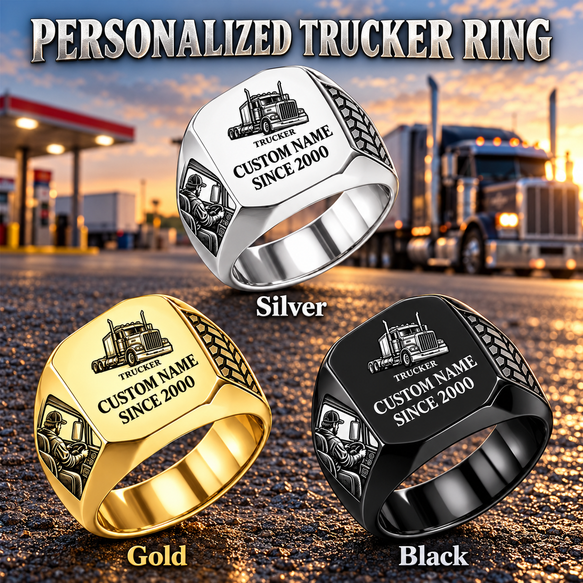Trucker Signature Crest personalized ring in Silver, Gold and Black with CUSTOM NAME and SINCE 2000 on a trucker-themed background