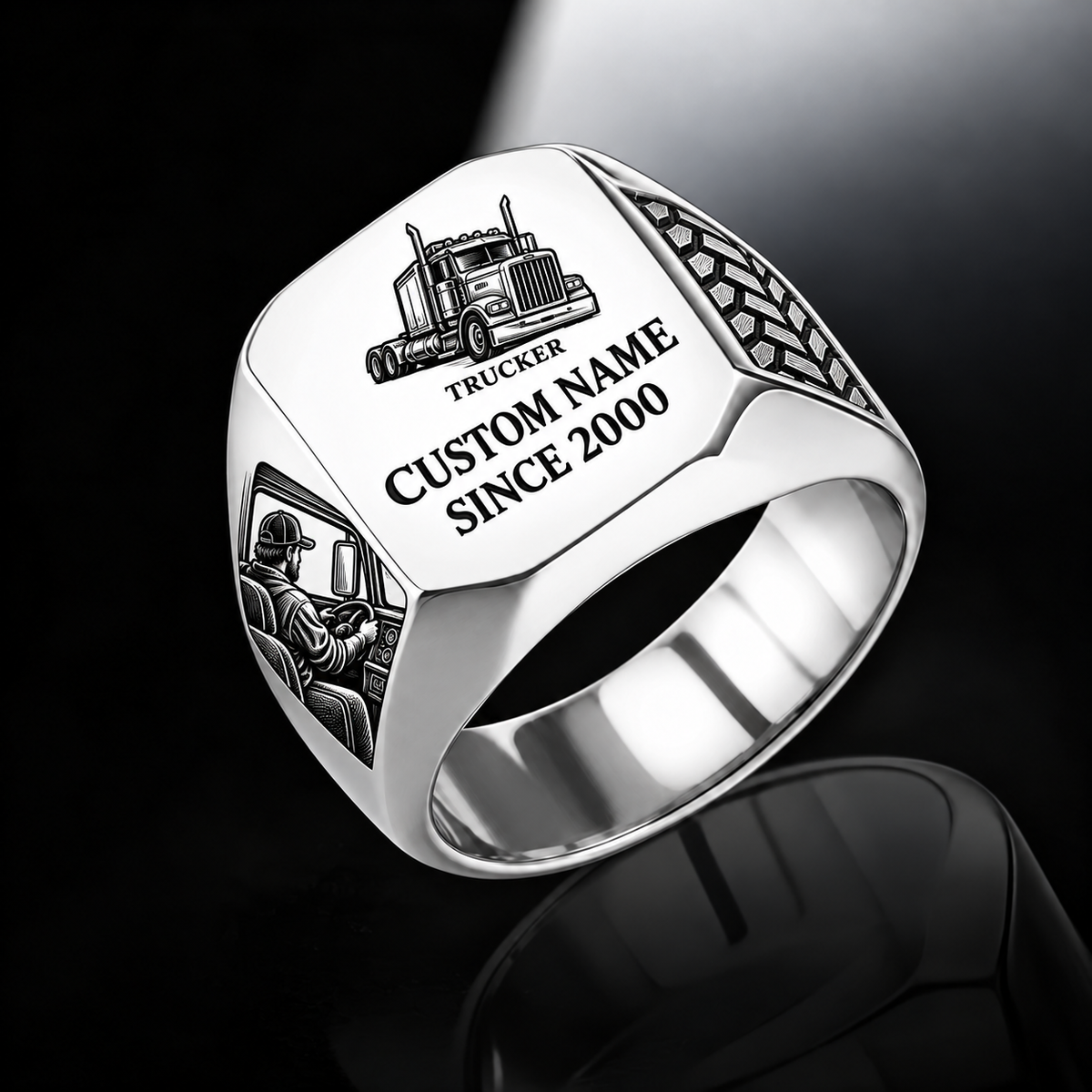 Trucker Signature Crest ring in Silver, showing CUSTOM NAME and SINCE 2000