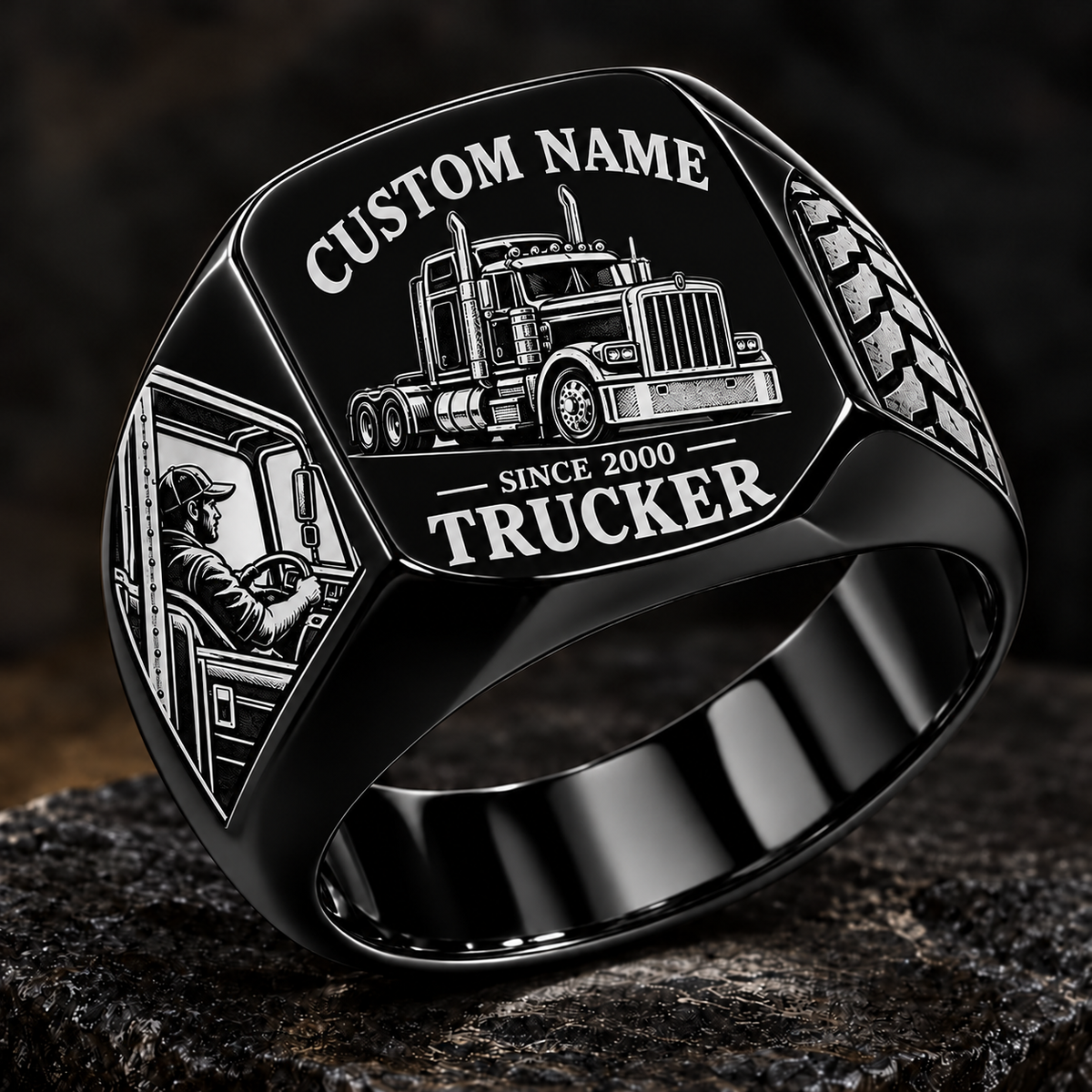 Trucker Heritage Emblem ring in Black, showing CUSTOM NAME and SINCE 2000