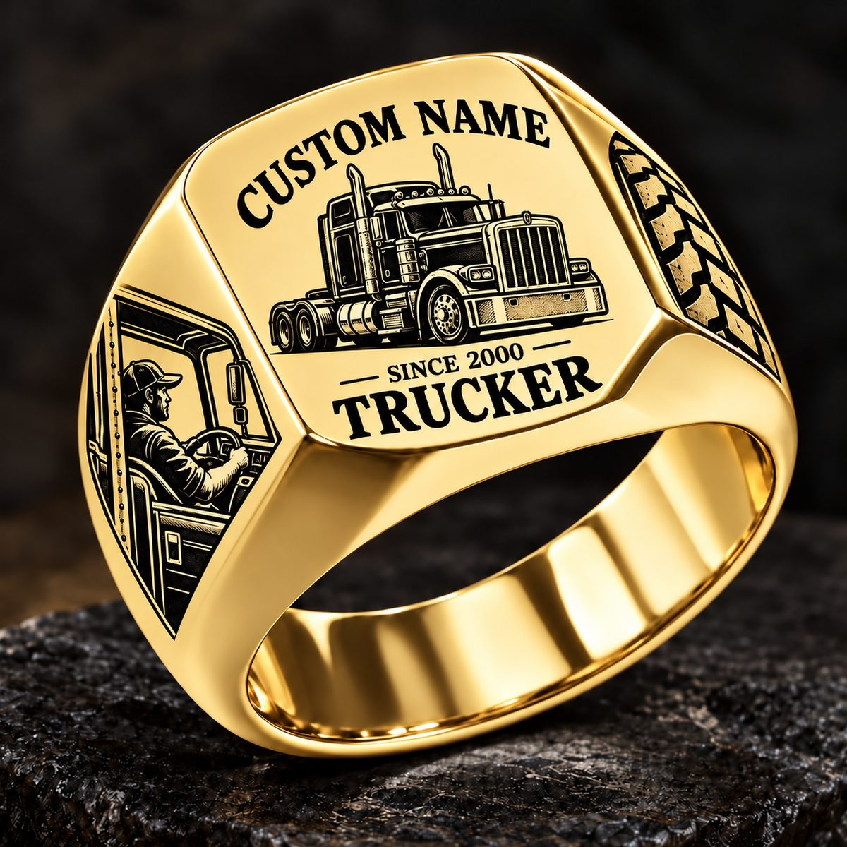 Trucker Heritage Emblem ring in Gold, showing CUSTOM NAME and SINCE 2000