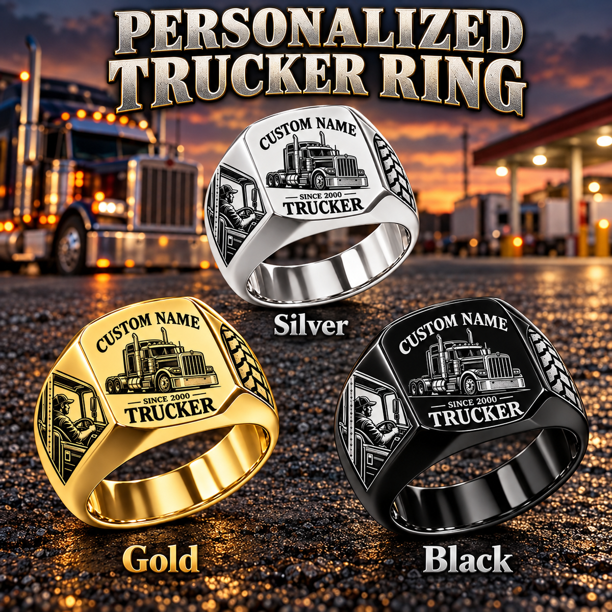 Trucker Heritage Emblem personalized ring in Silver, Gold and Black with CUSTOM NAME and SINCE 2000 on a trucker-themed background