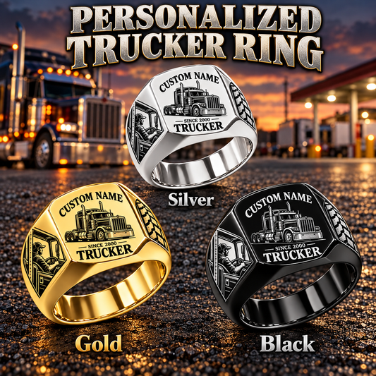 Trucker Heritage Emblem personalized ring in Silver, Gold and Black with CUSTOM NAME and SINCE 2000 on a trucker-themed background