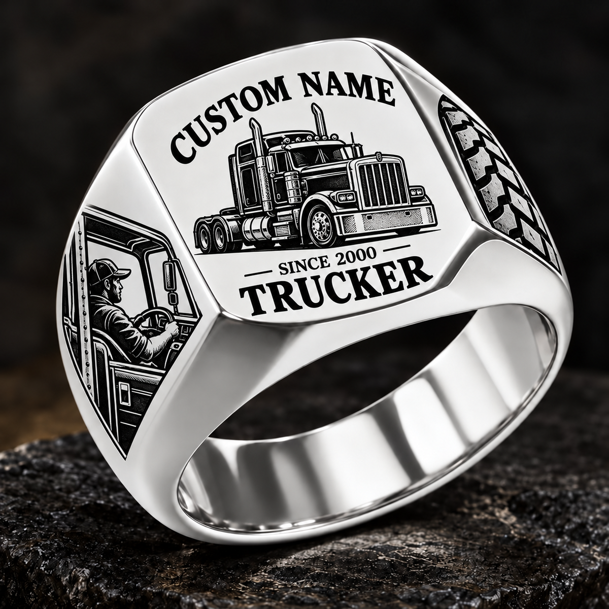 Trucker Heritage Emblem ring in Silver, showing CUSTOM NAME and SINCE 2000