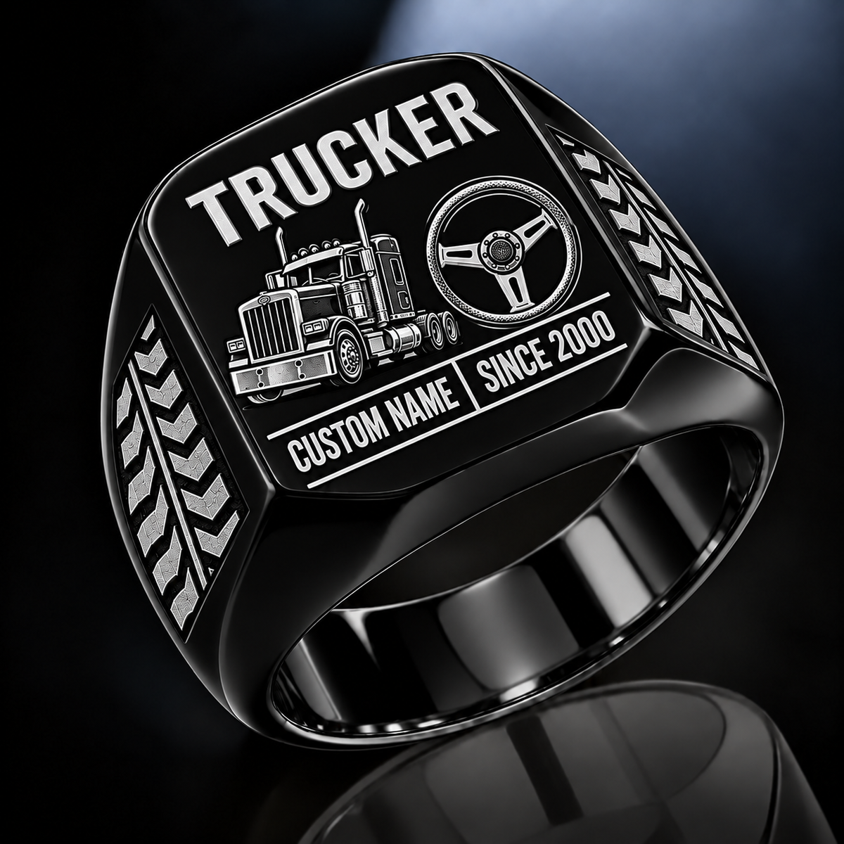 Trucker Twin Icons ring in Black, showing CUSTOM NAME and SINCE 2000