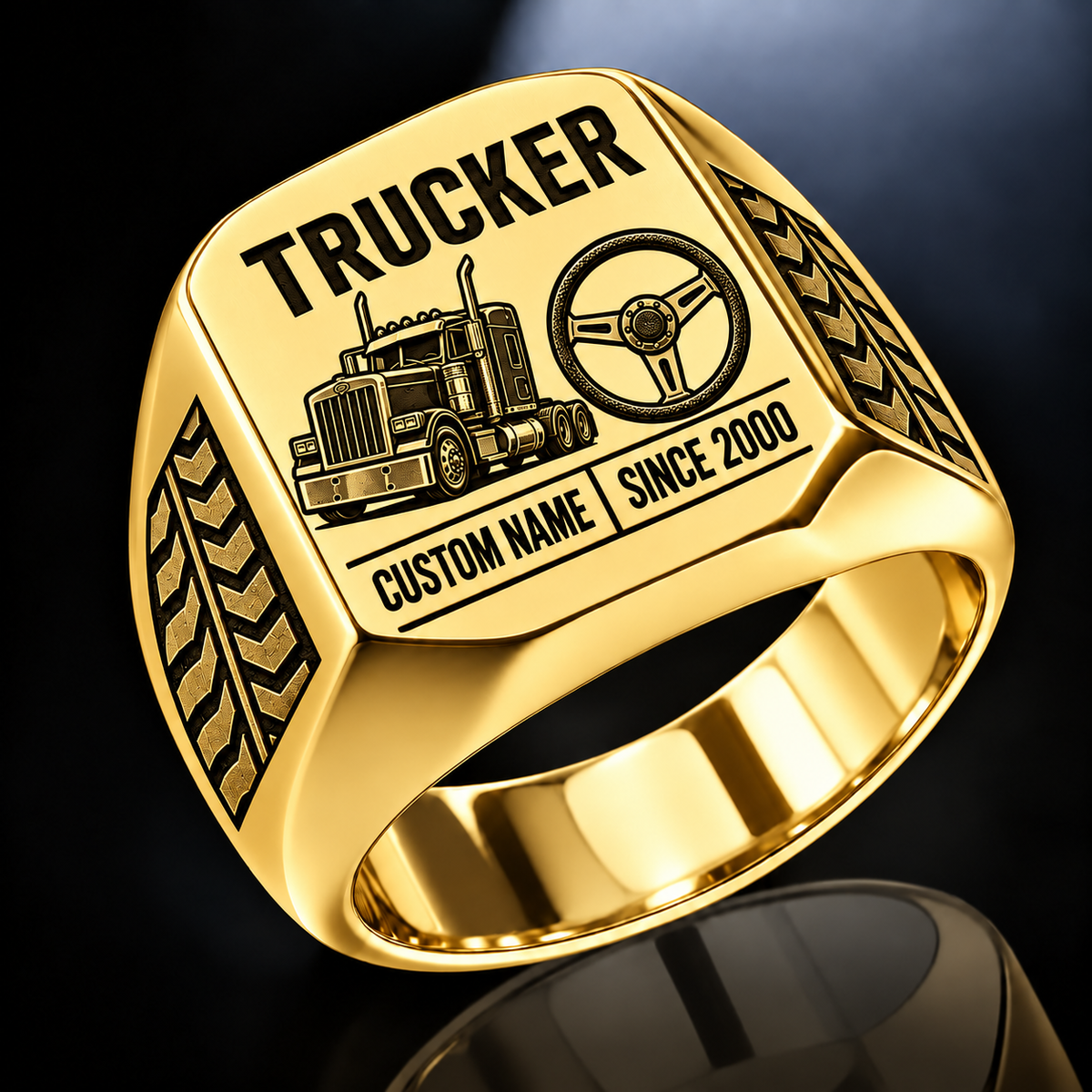 Trucker Twin Icons ring in Gold, showing CUSTOM NAME and SINCE 2000