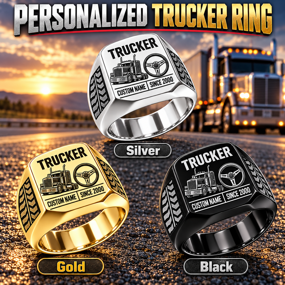 Trucker Twin Icons personalized ring in Silver, Gold and Black with CUSTOM NAME and SINCE 2000 on a trucker-themed background