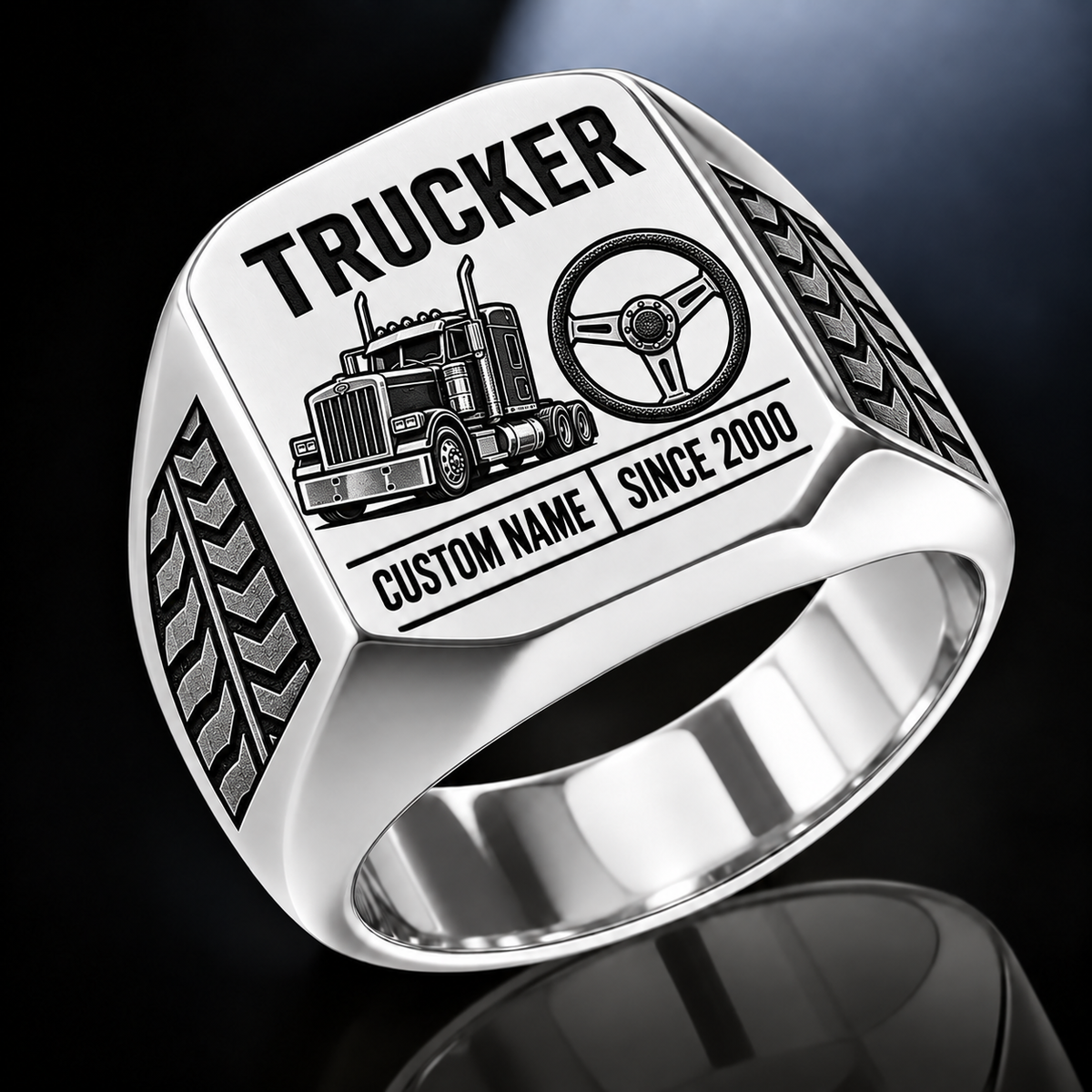 Trucker Twin Icons ring in Silver, showing CUSTOM NAME and SINCE 2000