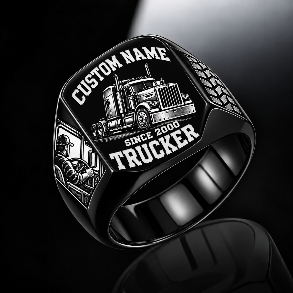 Trucker Bold Lettering ring in Black, showing CUSTOM NAME and SINCE 2000