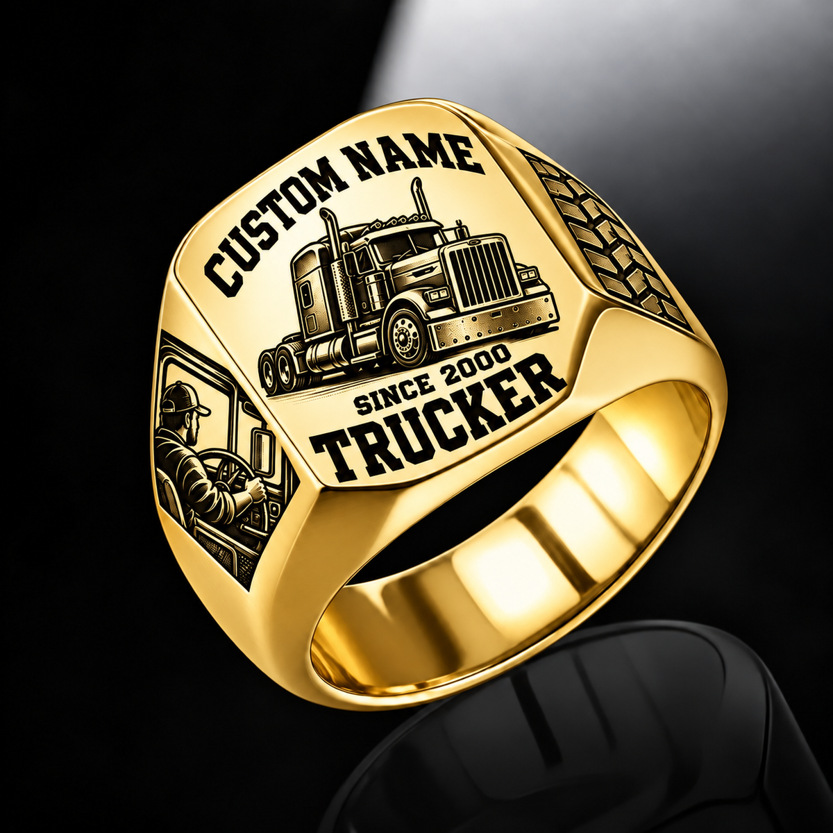 Trucker Bold Lettering ring in Gold, showing CUSTOM NAME and SINCE 2000