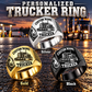 Trucker Bold Lettering personalized ring in Silver, Gold and Black with CUSTOM NAME and SINCE 2000 on a trucker-themed background