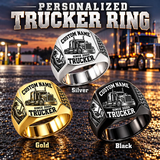 Trucker Bold Lettering personalized ring in Silver, Gold and Black with CUSTOM NAME and SINCE 2000 on a trucker-themed background