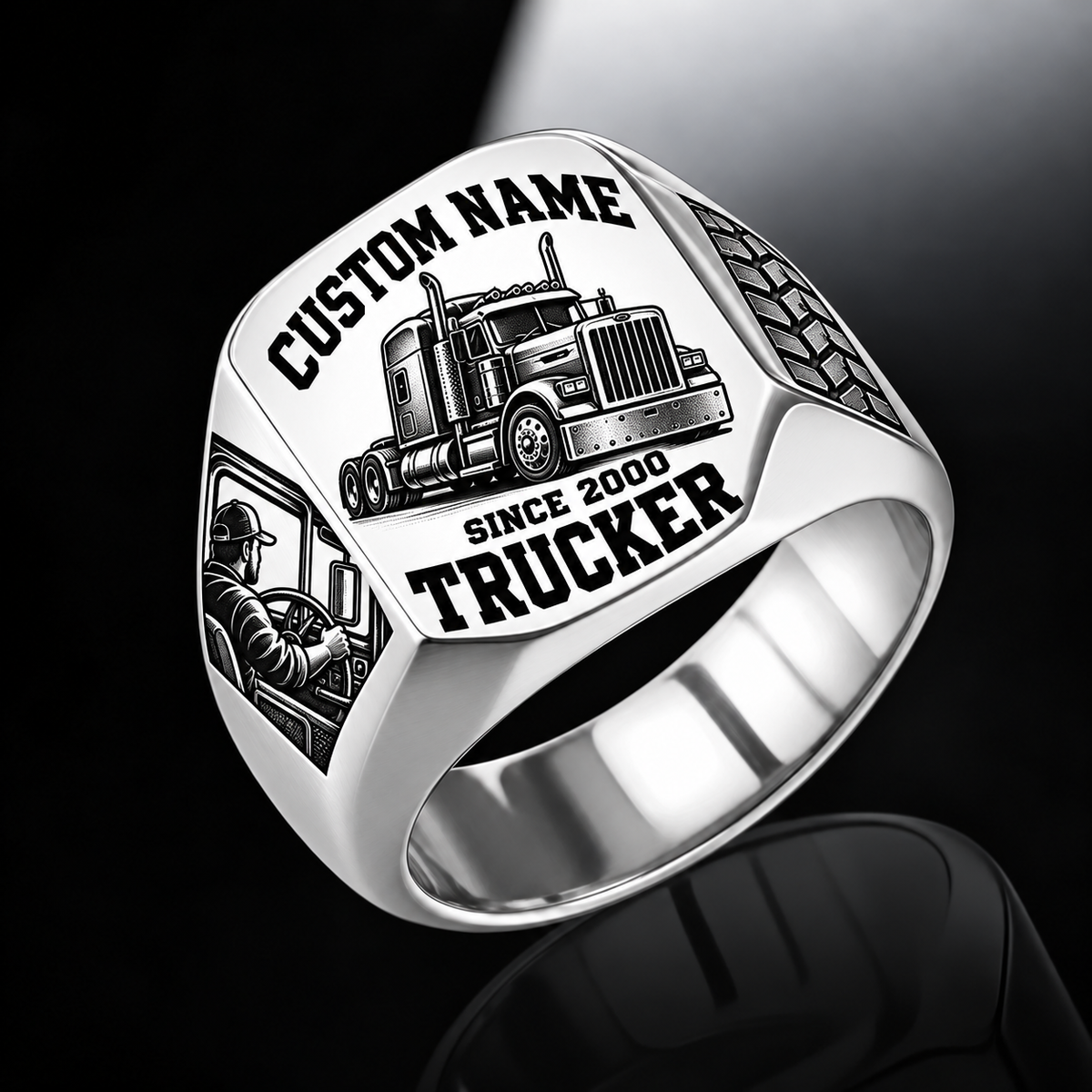 Trucker Bold Lettering ring in Silver, showing CUSTOM NAME and SINCE 2000