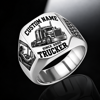 Trucker Bold Lettering ring in Silver, showing CUSTOM NAME and SINCE 2000