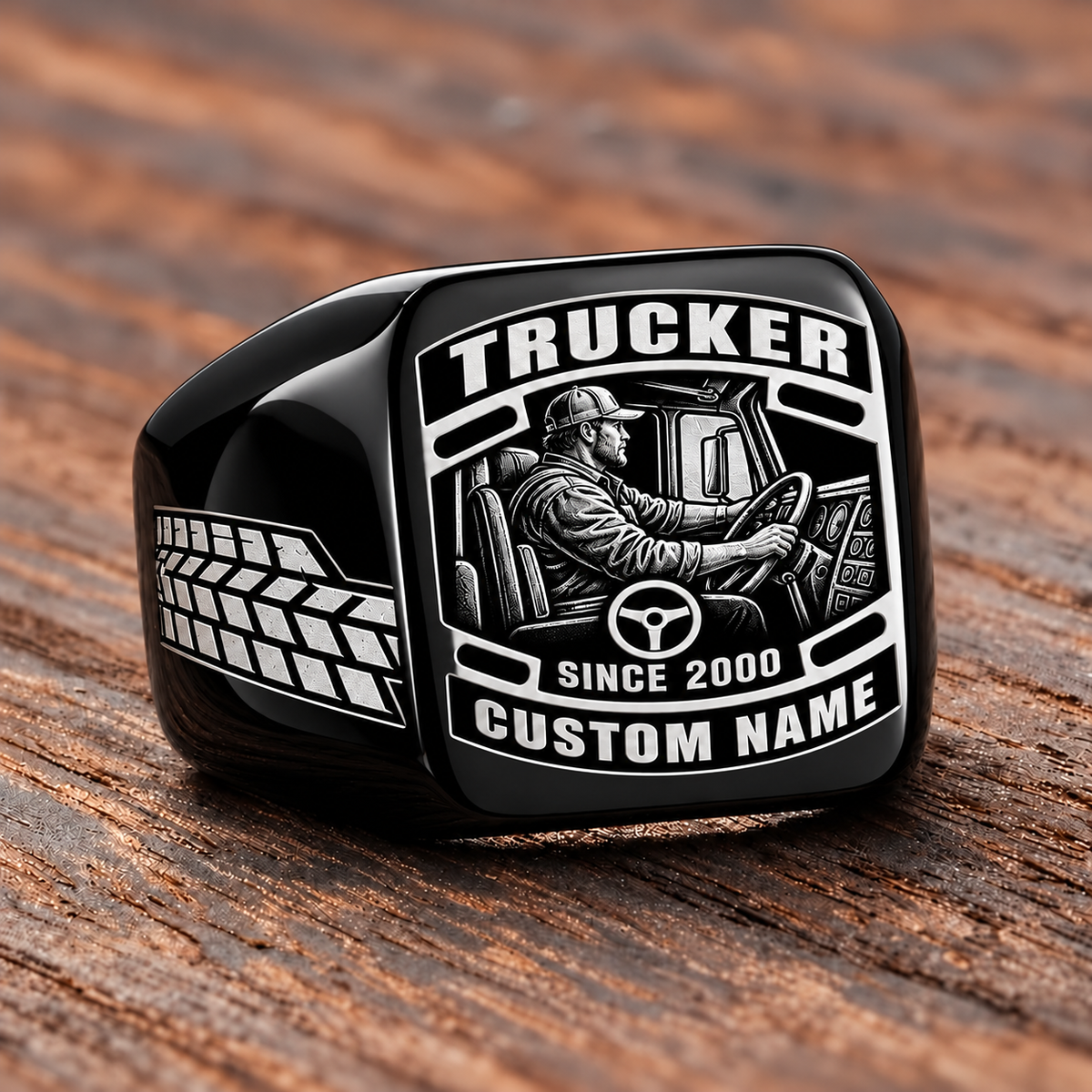 Trucker Black Face Badge ring in Black, showing CUSTOM NAME and SINCE 2000