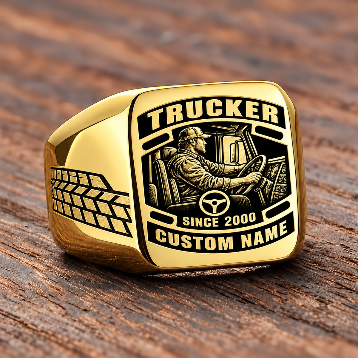 Trucker Black Face Badge ring in Gold, showing CUSTOM NAME and SINCE 2000