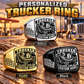 Trucker Black Face Badge personalized ring in Silver, Gold and Black with CUSTOM NAME and SINCE 2000 on a trucker-themed background