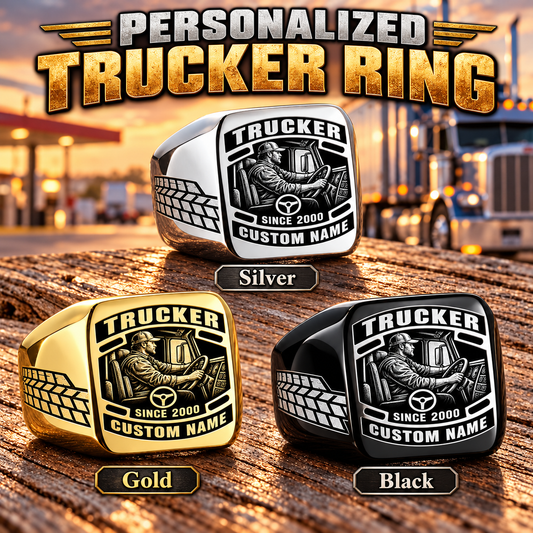 Trucker Black Face Badge personalized ring in Silver, Gold and Black with CUSTOM NAME and SINCE 2000 on a trucker-themed background