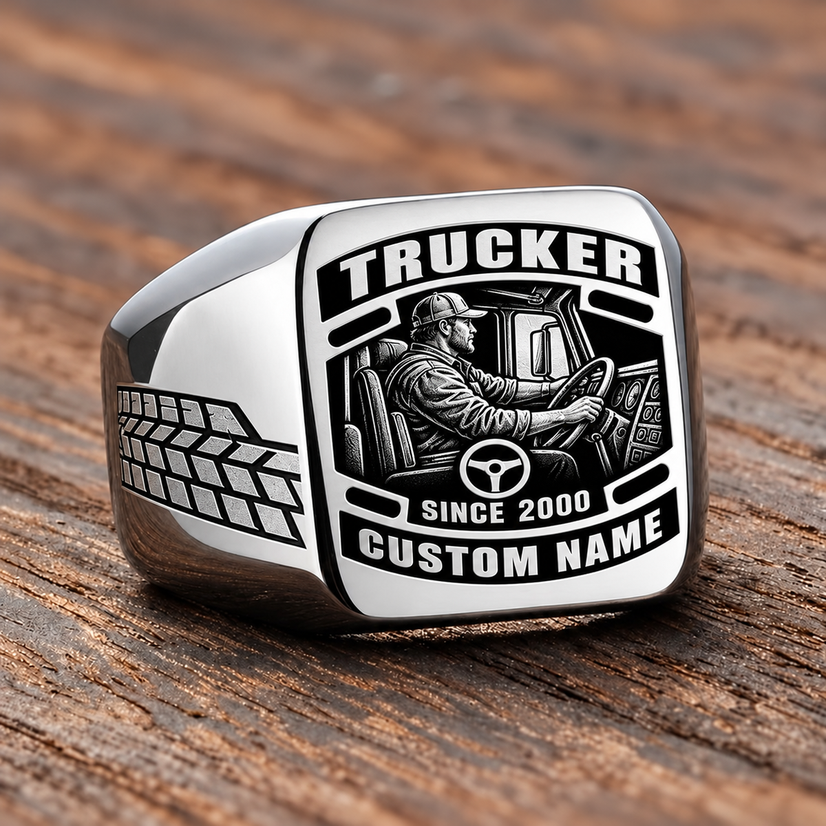 Trucker Black Face Badge ring in Silver, showing CUSTOM NAME and SINCE 2000