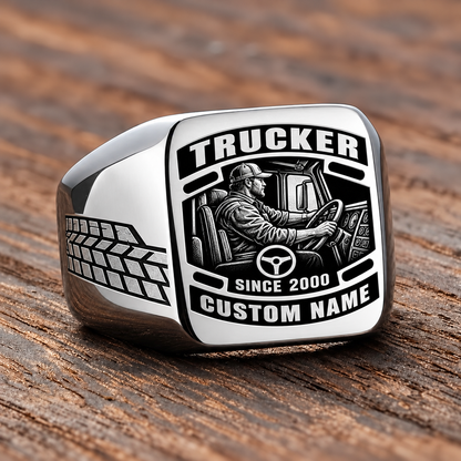 Trucker Black Face Badge ring in Silver, showing CUSTOM NAME and SINCE 2000