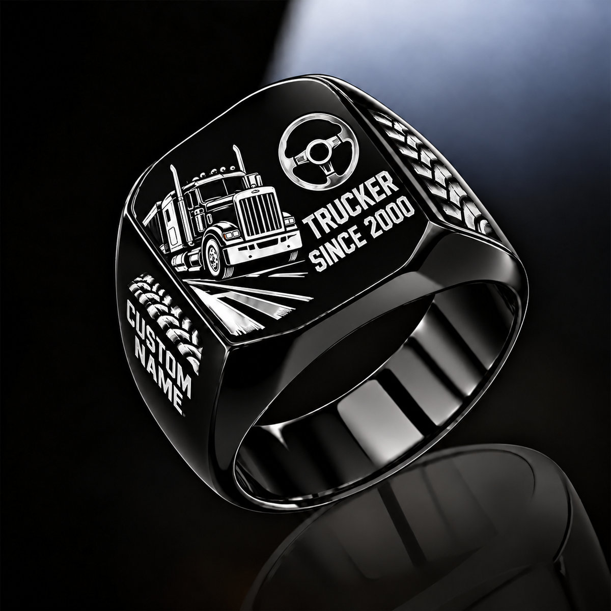 Trucker Split Emblem ring in Black, showing CUSTOM NAME and SINCE 2000