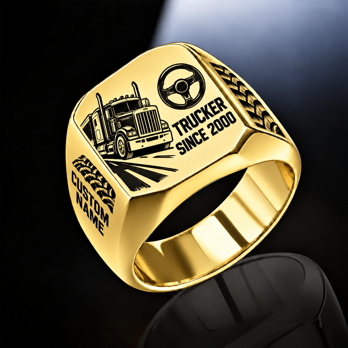 Trucker Split Emblem ring in Gold, showing CUSTOM NAME and SINCE 2000