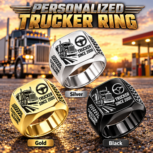 Trucker Split Emblem personalized ring in Silver, Gold and Black with CUSTOM NAME and SINCE 2000 on a trucker-themed background