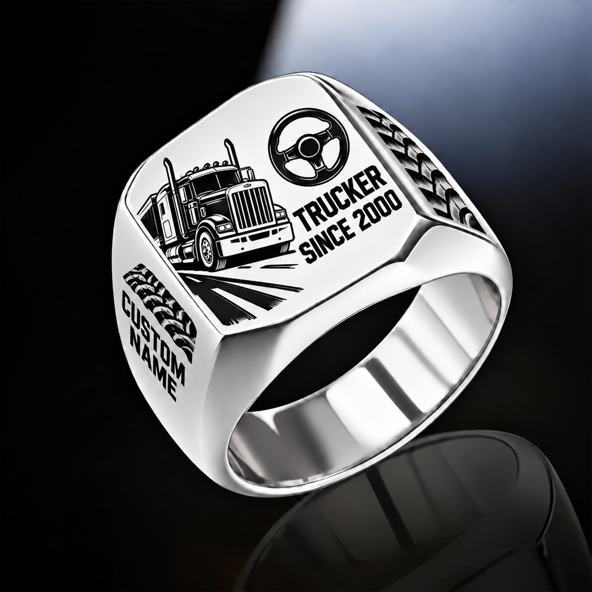Trucker Split Emblem ring in Silver, showing CUSTOM NAME and SINCE 2000