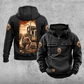 Trucker Daily Commitment Portrait Vintage Hoodie in Black, front and back views showing CUSTOM NAME and SINCE 2000 chest-tab samples, small truck and steering-wheel badges, a plain lower pouch with brown label, and a tall sepia kneeling-trucker scene.