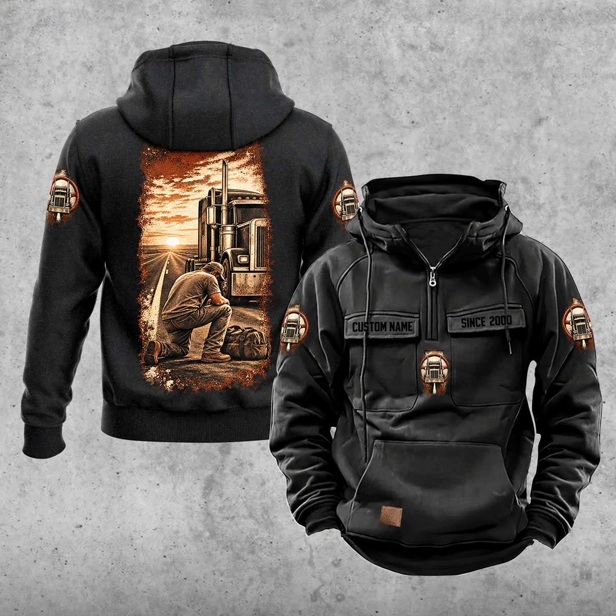 Trucker Daily Commitment Portrait Vintage Hoodie in Black, front and back views showing CUSTOM NAME and SINCE 2000 chest-tab samples, small truck and steering-wheel badges, a plain lower pouch with brown label, and a tall sepia kneeling-trucker scene.