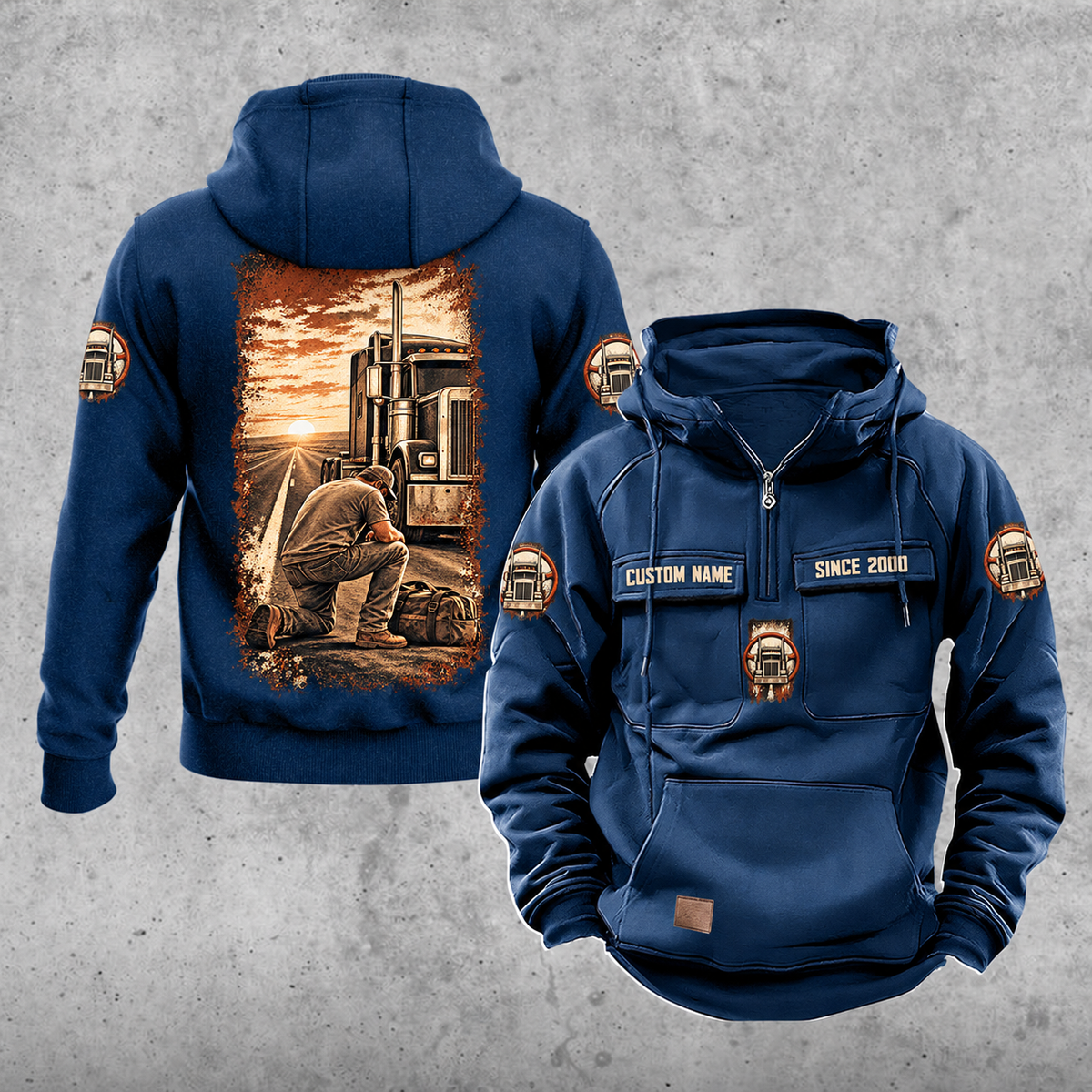 Trucker Daily Commitment Portrait Vintage Hoodie in Dark Blue, front and back views showing CUSTOM NAME and SINCE 2000 chest-tab samples, small truck and steering-wheel badges, a plain lower pouch with brown label, and a tall sepia kneeling-trucker scene.