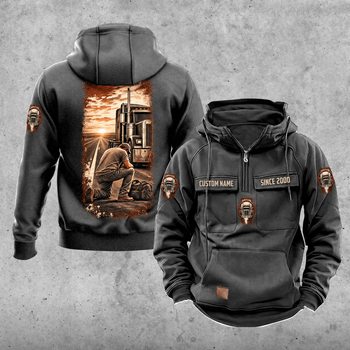 Trucker Daily Commitment Portrait Vintage Hoodie in Dark Gray, front and back views showing CUSTOM NAME and SINCE 2000 chest-tab samples, small truck and steering-wheel badges, a plain lower pouch with brown label, and a tall sepia kneeling-trucker scene.