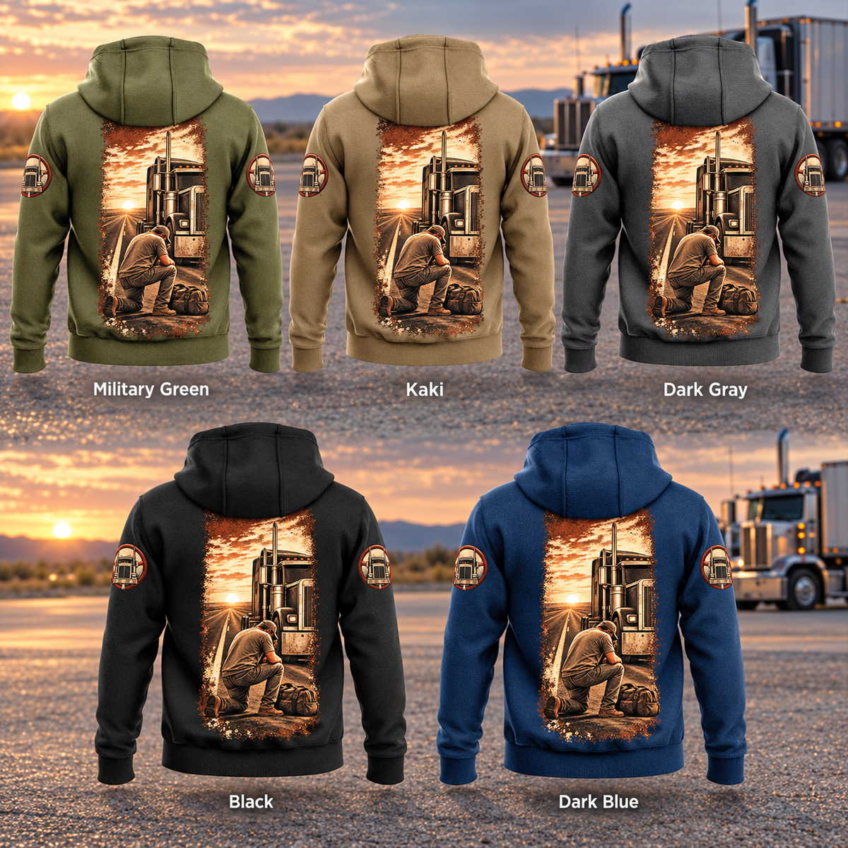 Five separated back views of the Trucker Daily Commitment Portrait Vintage Hoodie in Military Green, Kaki, Dark Gray, Black and Dark Blue, each with a tall sepia kneeling-trucker and parked-truck panel and small sleeve motifs, against a stationary unbranded truck and open-road landscape.