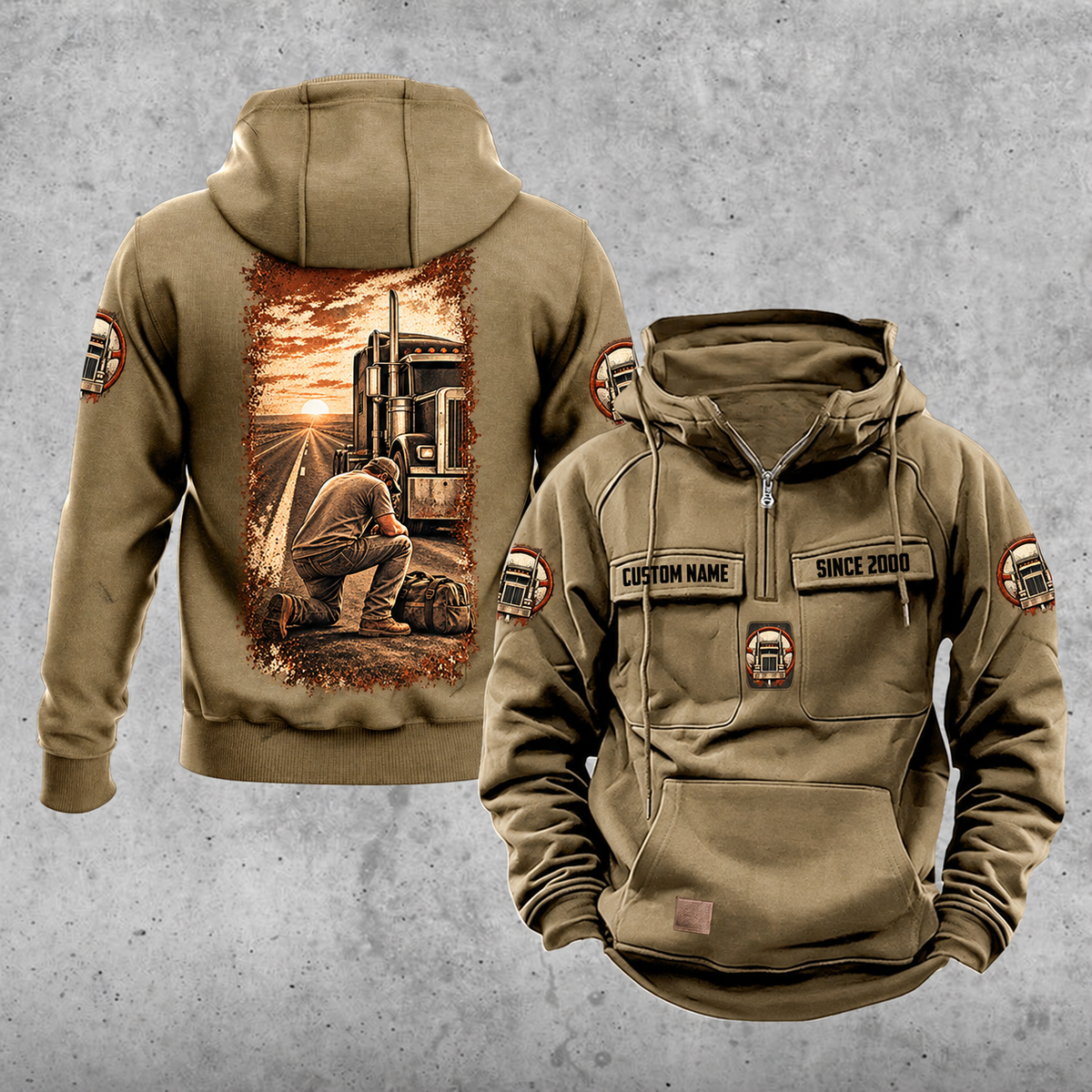 Trucker Daily Commitment Portrait Vintage Hoodie in Kaki, front and back views showing CUSTOM NAME and SINCE 2000 chest-tab samples, small truck and steering-wheel badges, a plain lower pouch with brown label, and a tall sepia kneeling-trucker scene.