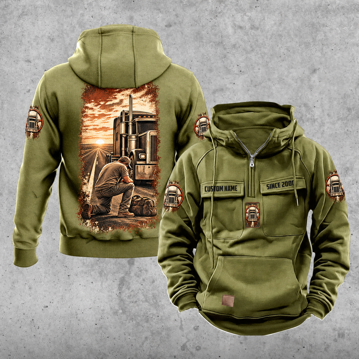 Trucker Daily Commitment Portrait Vintage Hoodie in Military Green, front and back views showing CUSTOM NAME and SINCE 2000 chest-tab samples, small truck and steering-wheel badges, a plain lower pouch with brown label, and a tall sepia kneeling-trucker scene.