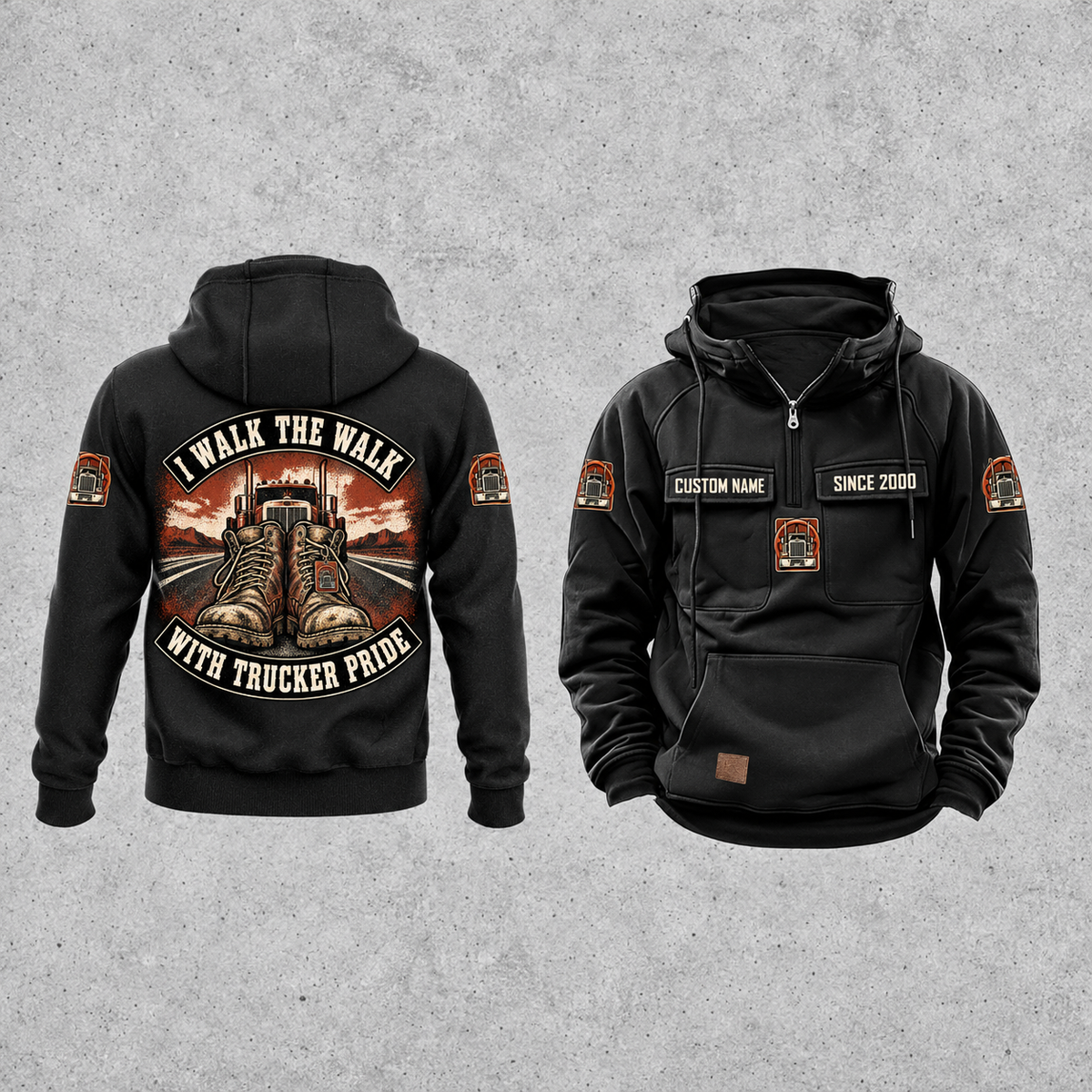 Trucker Walk the Walk Badge Vintage Hoodie in Black, separate front and back views with CUSTOM NAME and SINCE 2000 chest samples, plain lower pouch and arched boots, truck and road artwork.