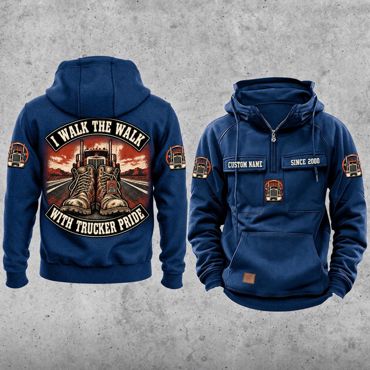 Trucker Walk the Walk Badge Vintage Hoodie in Dark Blue, separate front and back views with CUSTOM NAME and SINCE 2000 chest samples, plain lower pouch and arched boots, truck and road artwork.