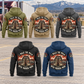 Five complete back views of the Trucker Walk the Walk Badge Vintage Hoodie in Military Green, Kaki, Dark Gray, Black and Dark Blue, with matching arched boots, truck and road artwork in a parked-truck landscape.
