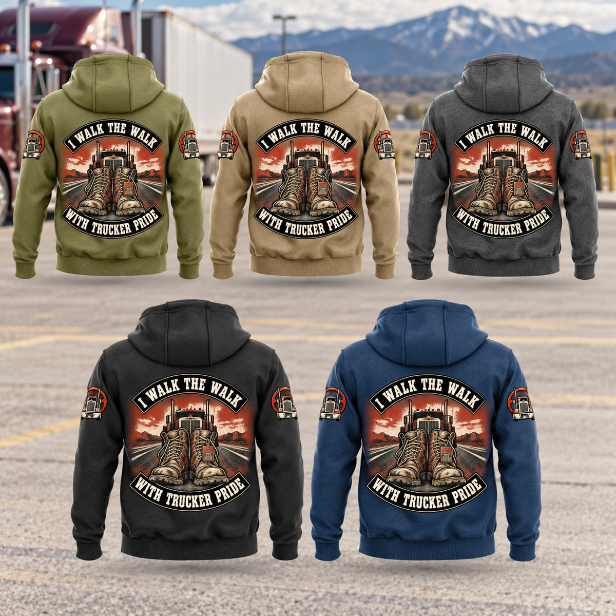 Five complete back views of the Trucker Walk the Walk Badge Vintage Hoodie in Military Green, Kaki, Dark Gray, Black and Dark Blue, with matching arched boots, truck and road artwork in a parked-truck landscape.