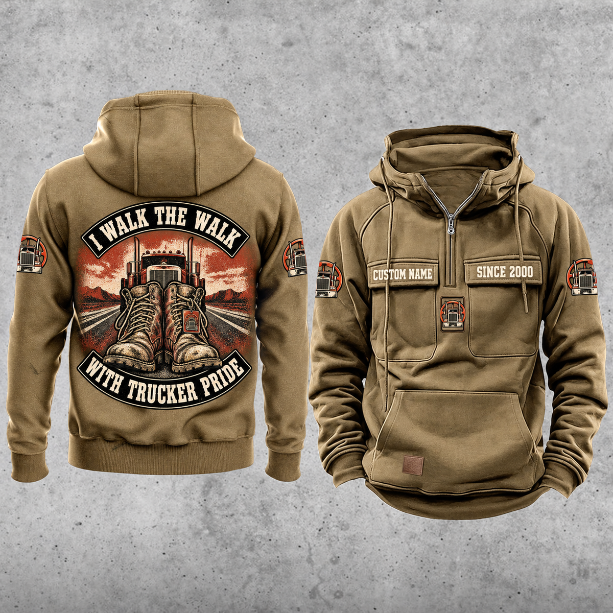 Trucker Walk the Walk Badge Vintage Hoodie in Kaki, separate front and back views with CUSTOM NAME and SINCE 2000 chest samples, plain lower pouch and arched boots, truck and road artwork.