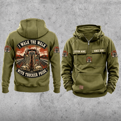 Trucker Walk the Walk Badge Vintage Hoodie in Military Green, separate front and back views with CUSTOM NAME and SINCE 2000 chest samples, plain lower pouch and arched boots, truck and road artwork.
