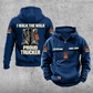 Trucker Proud Walk Vintage Hoodie in Dark Blue, front and back views with CUSTOM NAME and SINCE 2000 chest samples, small truck emblems, plain lower pouch and boot artwork reading I WALK THE WALK, PROUD TRUCKER.